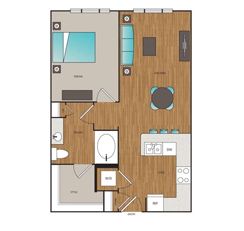 Floor plan for 1 bed, 1 bath, 721 sqft